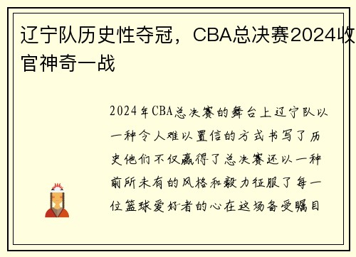 辽宁队历史性夺冠，CBA总决赛2024收官神奇一战